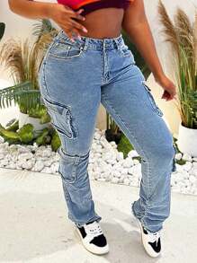 Women's Fashion Tight Fit Jeans With Multiple Flap Pockets, Slim Fit Elastic Jeans Clothing - 淺色水洗藍 - 查看 2