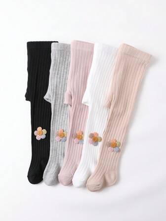 5 条女童花卉印花打底裤，纯色紧身裤，适合日常穿着