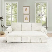 Corduroy Tufted Upholstered Sleeper Sectional Sofa L-Shaped Modular Convertible Sofa With Storage Chaise Pull Out Sleep Couch Bed And Reclining Backrest Perfect For Living Space Beige