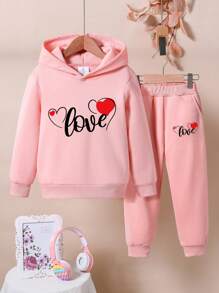 2 pièces/Set sweat-shirt à capuche et pantalon de survêtement avec imprimé de lettre et cœur pour jeune fille