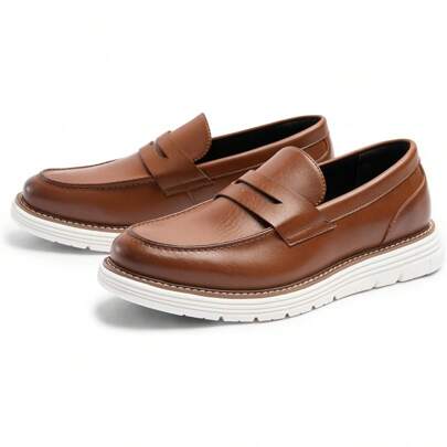 Penny Loafers For Men, Casual Mens Loafers, Slip On Dress Sneakers Men Shoes, PU Leather Shoes, Round Toe, Non Slip Rubber, Brown