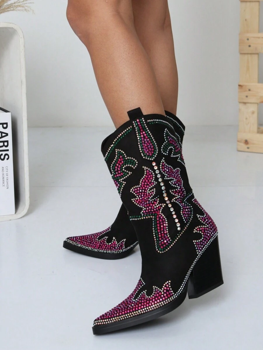 RevReaL Vibrant Rhinestone Heeled Cowboy Mid-Calf Boots - Black - View 1