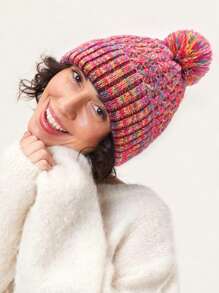 1pc Colorful Stylish Women's Knitted Beanie Hat, Multi-Color Options, Fashionable & Warm, Suitable For Daily Use And Christmas - Colorful Single Ball Knitted Hat - View 4