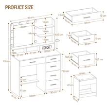 Hzuaneri Tocador, 3 Colores, Tocador con Espejo Grande, Taburete y Soporte para Secador de Pelo, Tocador con Múltiples Cajones, 6 Estantes Abiertos, Blanco