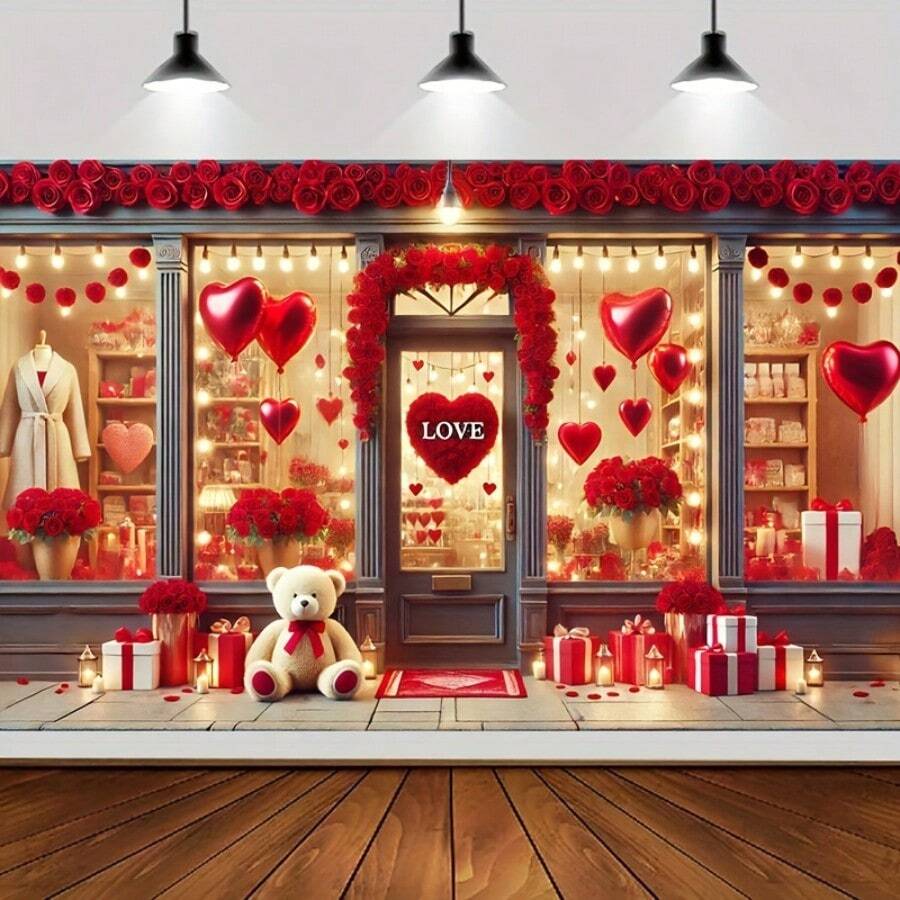 بنر عيد الحب - 70.87 * 43.31 بوصة قلب أحمر مع وردة ودب، خلفية حفلة رومانسية وكاميرا ملحقات - متعدد الألوان - مشاهدة 1