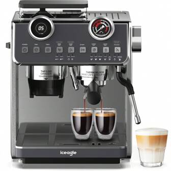 iceagle Iceagle Cafetera espresso EM653-2800W Máquina portafiltro con boquilla profesional para espumar leche, Cafetera con 2 sistemas de calentamiento, 20 bar, 2,7 litros, accesorios incluidos, acero inoxidable/negro