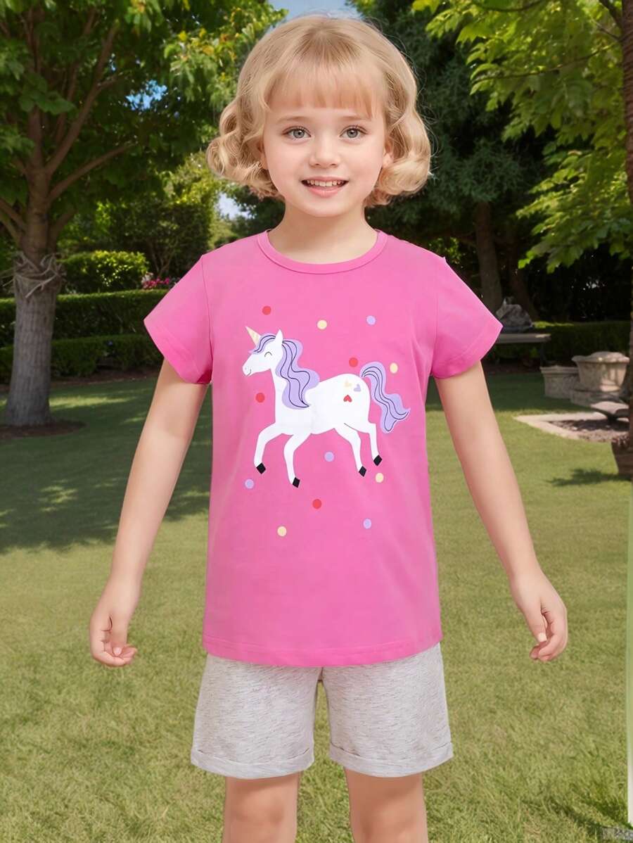 Dziewczęca koszulka z nadrukiem w kształcie kreskówek na wiosnę i lato, sportowa, odprowadzająca wilgoć, z krótkim rękawem i okrągłym dekoltem