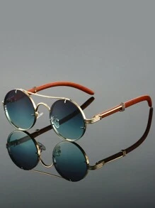 1Pc Women Round Fashion Glasses Stylish Double Bridges Metal Frame Green Glasses Chic Imitation Wood Grain Leg Design Novel Shape Gradient Color Eyeglasses For Daily Use Beach Party Fashion Glasses For Women,Shades For Ladies,Fall Winter Outfits,Beach Accessories,Vintage Retro Y2k Basics Eyeglasses,Business Casual Gifts,Perfect For Everyday Wear,Seaside,Beach,Vacation,Walking,Shopping,Driving,Street Photos For Summer Beach Vacation,Outdoor,Travel