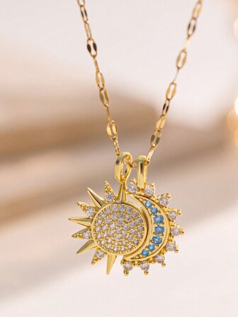 1pc Stainless Steel Partial Sun & Partial Moon Design Necklace, Creative Fashion Daily Elegant Casual Gift For Valentine's Day, Christmas, Party Wear (OPP Bag Packaging)