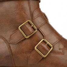Men's Classic Motorcycle Boots With Zipper Closure And Metal Buckles - Black PU Leather, TPR Sole, And Fabric Lining - 棕色 - 查看 4