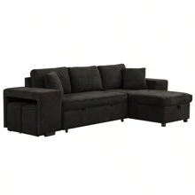 104.5" Modern L-Shape 3 Seat Reversible Sectional Couch Pull Out Sleeper Sofa With Storage Chaise And 2 Stools For Living Room Furniture Set Charcoal Grey
