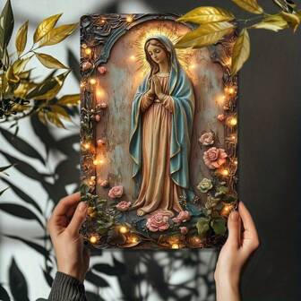 复古圣母玛利亚与花卉金属标牌 - 适合家庭、车库或俱乐部的宗教艺术装饰 - 耐用的 8x12 英寸金属墙艺术，易于安装，完美的房间装饰
