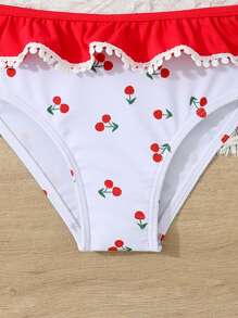 2pcs/Set Young Girl' Outdoor Sport Swimming Cherry Print Swimsuits, Spring/Summer - Red and White - View 4
