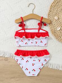 2pcs/Set Young Girl' Outdoor Sport Swimming Cherry Print Swimsuits, Spring/Summer - Red and White - View 2