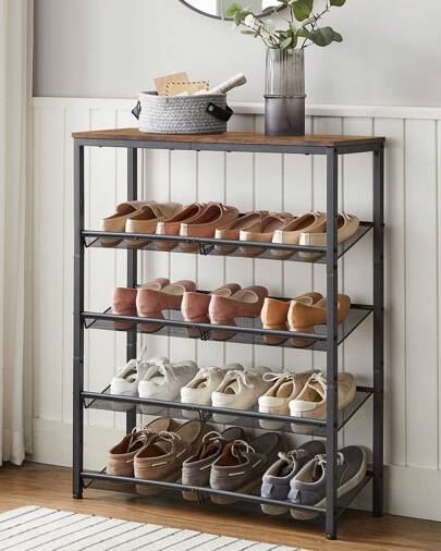  VASAGLE 5-Layer Shoe Rack, High Shoe Storage With 4 Mesh Shelves And Large Top For Bags, Space Saving For Entrance, Hallway, Steel, Industry, Rustic Brown And Black