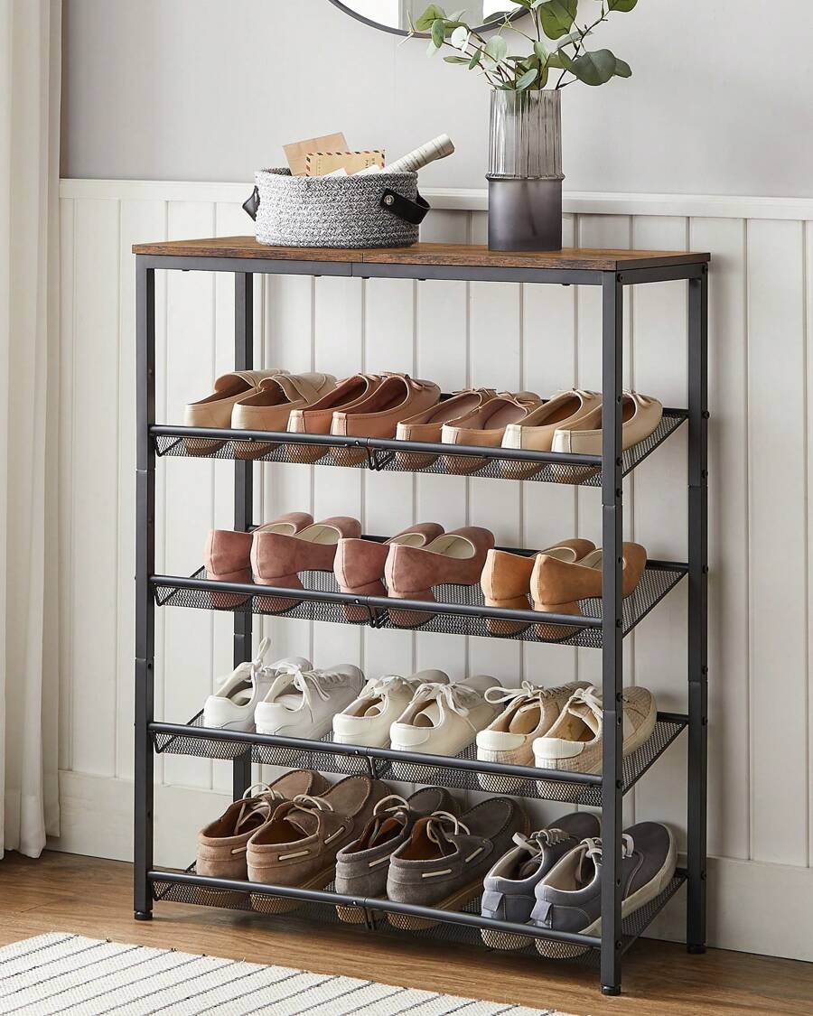 VASAGLE 5-Layer Shoe Rack, High Shoe Storage With 4 Mesh Shelves And Large Top For Bags, Space Saving For Entrance, Hallway, Steel, Industry, Rustic Brown And Black
