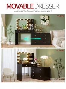 VOWNER Vanity Desk With Power Outlet, Makeup Vanity Table With 10-Bulbs Lighted Mirror, 3 Color Lights Modes, 2 Drawers & 6-Drawer Dresser For Storage, Vanity Set Gifts For Grils Women, Halloween & Thanksgiving - màu đen - Xem 4