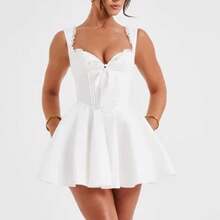 Women's Mini Corset Dress A-Line Deep V Neck Backless Ruffle Hem Sleeveless Dress For Party Club - 白色 - 查看 7