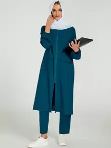 cimmuovere 休闲宽松舒适拉链长款连帽开襟弹力袖口口袋纯色工作服护士服工作服牙医保健宠物医院实验室 - 水鴨藍 - 查看 1