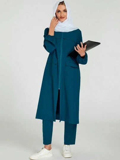 cimmuovere 休闲宽松舒适拉链长款连帽开襟弹力袖口口袋纯色工作服护士服工作服牙医保健宠物医院实验室