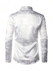 男士缎面玫瑰花卉提花正式长袖纽扣衬衫，适合派对和正式活动 - 白色 - 查看 3