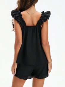 Women Summer 2 Pieces Pajama Outfit Set Y2K Ruffle Sleeveless Crop Tank Tops And Ruffled Mini Shorts Sets Cute Pjs Sleepwear Loungewear - 黑色 - 查看 5
