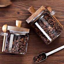 Jarra de 1/3 de vidrio con tapa de madera y cuchara, frasco sellado de almacenamiento de cocina para especias, café, dulces, vidrio grueso, reutilizable, solo se puede lavar a mano, diferencias de color normales en la tapa de madera de acacia, nudos y pequeños agujeros en la madera son normales, de vuelta a la escuela