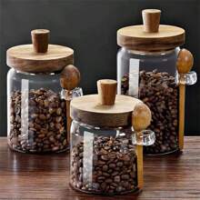 Jarra de 1/3 de vidrio con tapa de madera y cuchara, frasco sellado de almacenamiento de cocina para especias, café, dulces, vidrio grueso, reutilizable, solo se puede lavar a mano, diferencias de color normales en la tapa de madera de acacia, nudos y pequeños agujeros en la madera son normales, de vuelta a la escuela