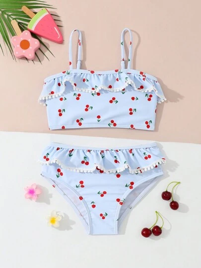 2pcs/Set Young Girl Outdoor Sports & Swimming Cherry Print Swimwear Set, Spring/Summer