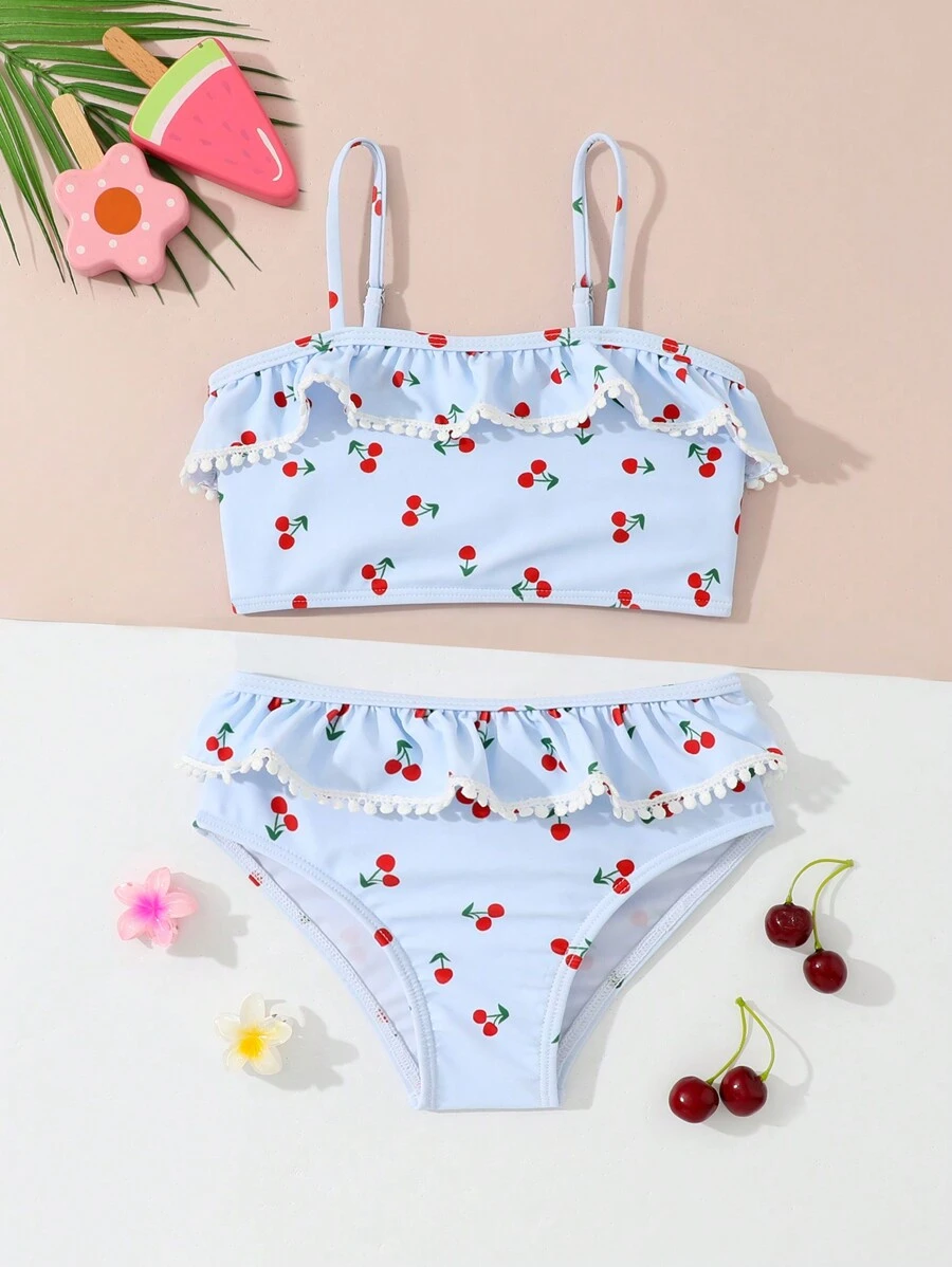 Set de 2 piezas de bañador con estampado de cerezas para deportes al aire libre y natación de niñas, primavera/verano