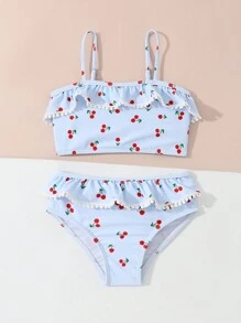 Set de 2 piezas de bañador con estampado de cerezas para deportes al aire libre y natación de niñas, primavera/verano
