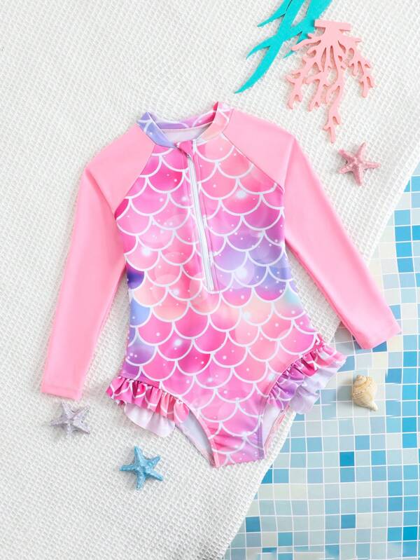 Traje de baño de una pieza con diseño de escamas de sirena, cómodo y resistente al agua, para niñas de 4 a 8 años