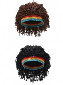 趣味编织假发帽，男女通用针织假发帽，手工钩编辫子帽，男女皆宜，保暖冬季时尚帽，派对帽 - 深棕色 - 查看 4