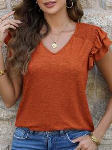 Women's Summer Basic Knit Top Casual Ruffled Short Sleeve V-Neck T-Shirt Shirt - Đỏ gạch - Xem 4