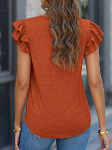 Women's Summer Basic Knit Top Casual Ruffled Short Sleeve V-Neck T-Shirt Shirt - Đỏ gạch - Xem 5