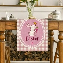 1pc Spring Easter Polyester Table Runner, 12.99x70.87 Inch, Rabbit, Wreath, Plaid Decor For Dining Table, Suitable For Holiday Room, Fireplace, Cabinet Decoration, Party Festival Decorations, Farmhouse Decor