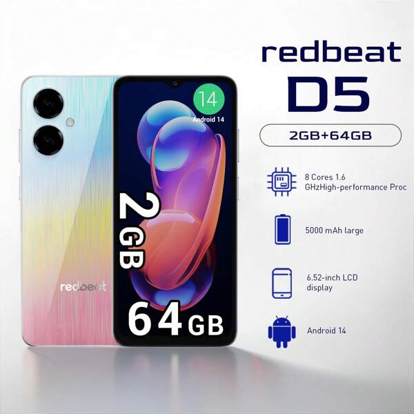 redbeat Teléfono inteligente D5, el último sistema Android 14, pantalla HD+ de 6,52 pulgadas, Body delgado y ligero, 3GB (ampliable a 6GB) + 128GB de memoria ROM, cámara de 13 megapíxeles, batería de 5000mAh, procesador de 8 núcleos a 1,6GHz, el Body adopta un proceso de color degradado especial, desbloqueo de huella dactilar y facial, interfaz Tipo-C (cargador no incluido)