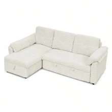 Corduroy Tufted Upholstered Sleeper Sectional Sofa L-Shaped Modular Convertible Sofa With Storage Chaise Pull Out Sleep Couch Bed And Reclining Backrest Perfect For Living Space Beige