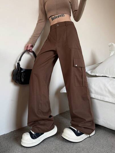 Retro Loose Fit Cargo Pants In Coffee Brown
