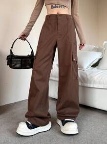 Retro Loose Fit Cargo Pants In Coffee Brown