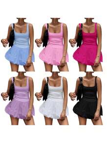 Women's Mini Tank Dress Square Neck Sleeveless Backless A-Line Solid Color Puffball Dress For Party Club