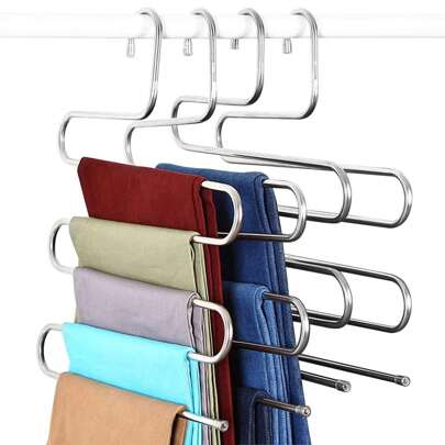 5-Layer Silver Metal Pants Rack, 1 Multi-Layer Jeans Rack, Stainless Steel Multifunctional S-Shaped Multi-Layer Hanger, Saving Wardrobe Space, Optional With Anti Slip Buckle For Storing Pants, Towels, And Clothing,Spring,Minimalist,Summer Tops,Room Decor,Hangers For Clothes,Dorm Room Essentials