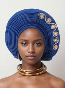 1pc African Style Head Wrap With Layered Bejeweled Edge Head WrapAccents, Laminated Strap Cap, Traditional African Turban Hat For Women Personalized Elastic Headwear