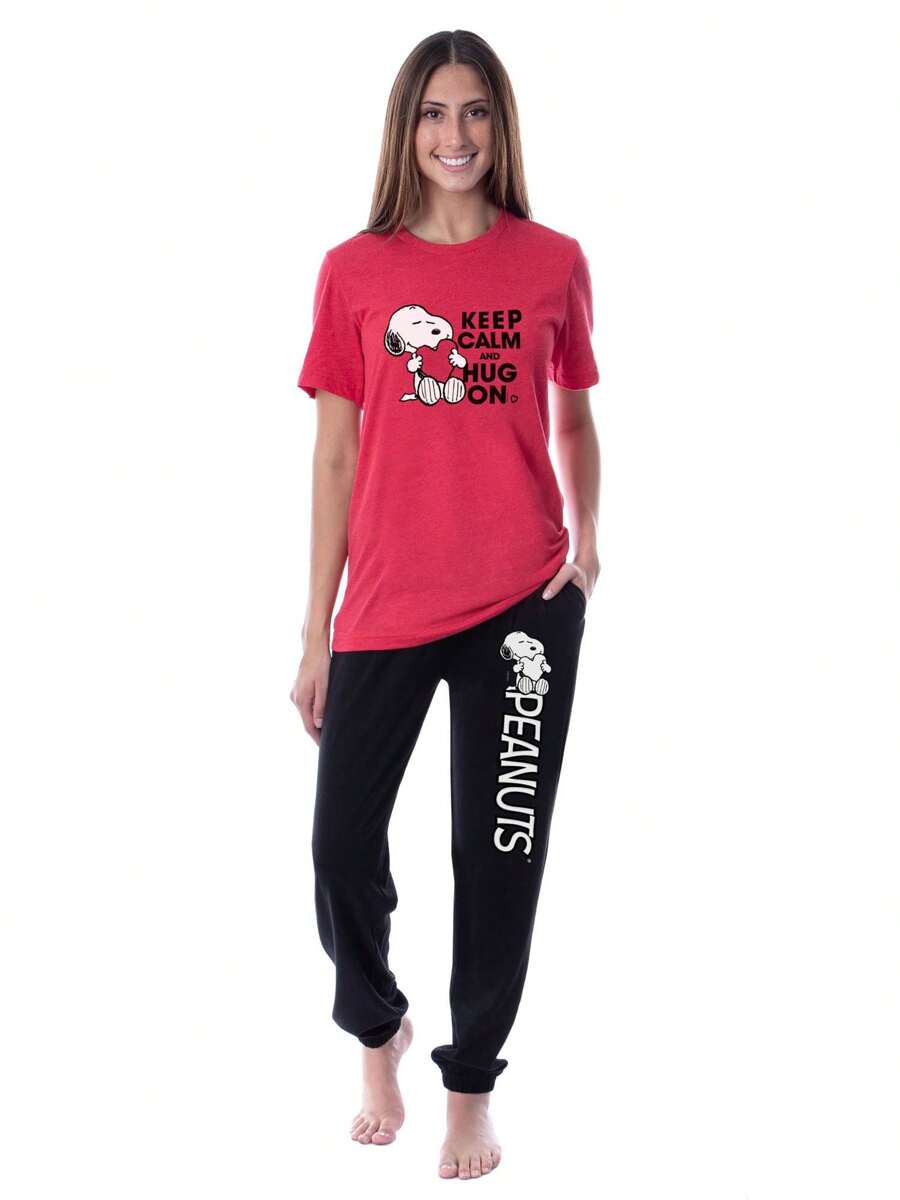 Peanuts Womens' Keep Calm And Hug On Valentines Sleep Pajama Set - Multicolored - View 1