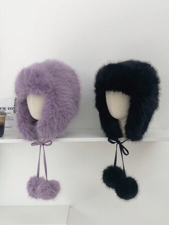 1 pieza Gorro de trampero con orejeras de piel sintética, gorra de aviador cálida para invierno, ciclismo al aire libre, esquí y snowboard, color morado