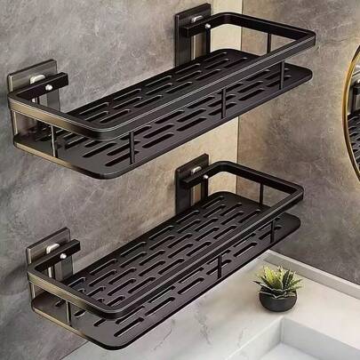 Estantería de ducha, estantería adhesiva todo en uno con ganchos, sin necesidad de perforar, montada en la pared, resistente a la oxidación, almacenamiento premium, adecuada para baño, cocina, estantería de almacenamiento, negro