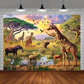 Men's Birthday Party Tabletop Decor Banner, Photoshoot Prop, Tropical Desert African Jungle Wildlife Photography Backdrop