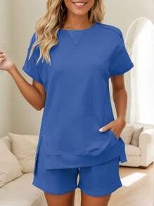 tooluck Womens 2 Piece Sweatsuits Short Sleeve Round Neck Top Shorts Lounge Sets - 藍色 - 查看 3