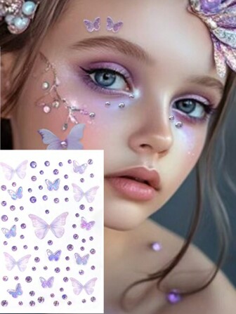 Purple Love Butterflies Rhinestones Glittery Stereo Gem Stickers Christmas Makeup Holiday Party Y2K Style Music Festival DIY Eyes Face Jewels Stickers Suitable For Dance Performances Parties And Stage Cosplay Wedding Fake Tattoos