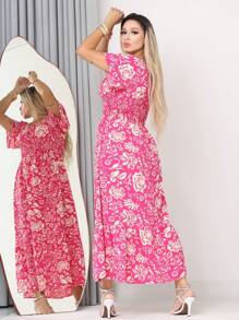 WOMEN'S LONG MIDI DRESS WITH PUFFED SLEEVES AND RUFFLES, OFF-THE-SHOULDER, TRES MARIAS - Hot Pink - View 2